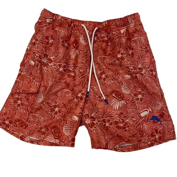 Tommy Bahama Swim Trunks Red Floral Hawaiian Lined Elastic Short Mens Small - Picture 1 of 7